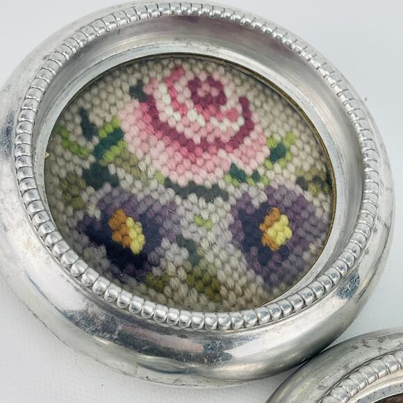 Vintage Aluminum 4” Floral Cross-Stitch Coaster Set of 5 - Picture 6 of 9